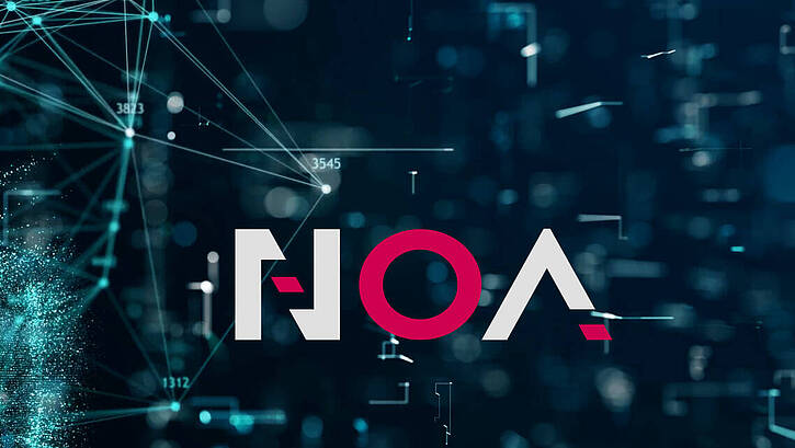 KEB NOA Logo auf visualisiertem Web-Hintergrund
