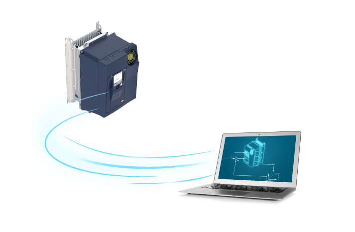 Illustration eines digitalen Zwillings eines KEB-Automation-Antriebs, Abbildung mit einem blauen Strom zwischen einem Antriebsgehäuse und einem Laptop