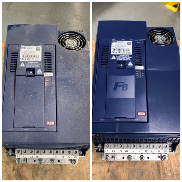 left: a very used looking F6 frequency inverter. right: the same model renewed